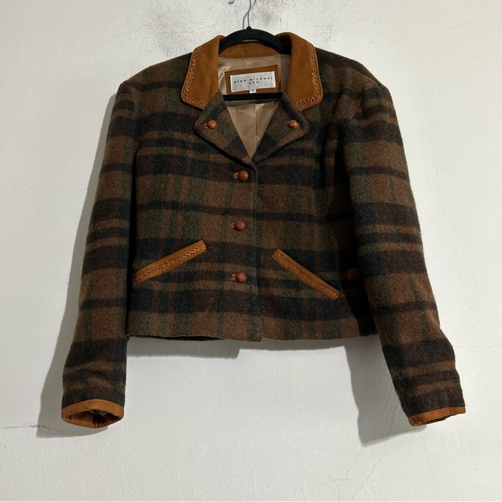 Vintage Alan Michael Wool Plaid Leather Cropped Blazer Jacket Small Western